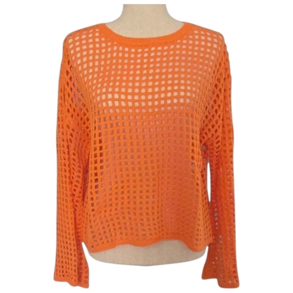 Orange Crochet Open Knit Layering Sweater Coverup Crewneck Long Bell Sleeve M